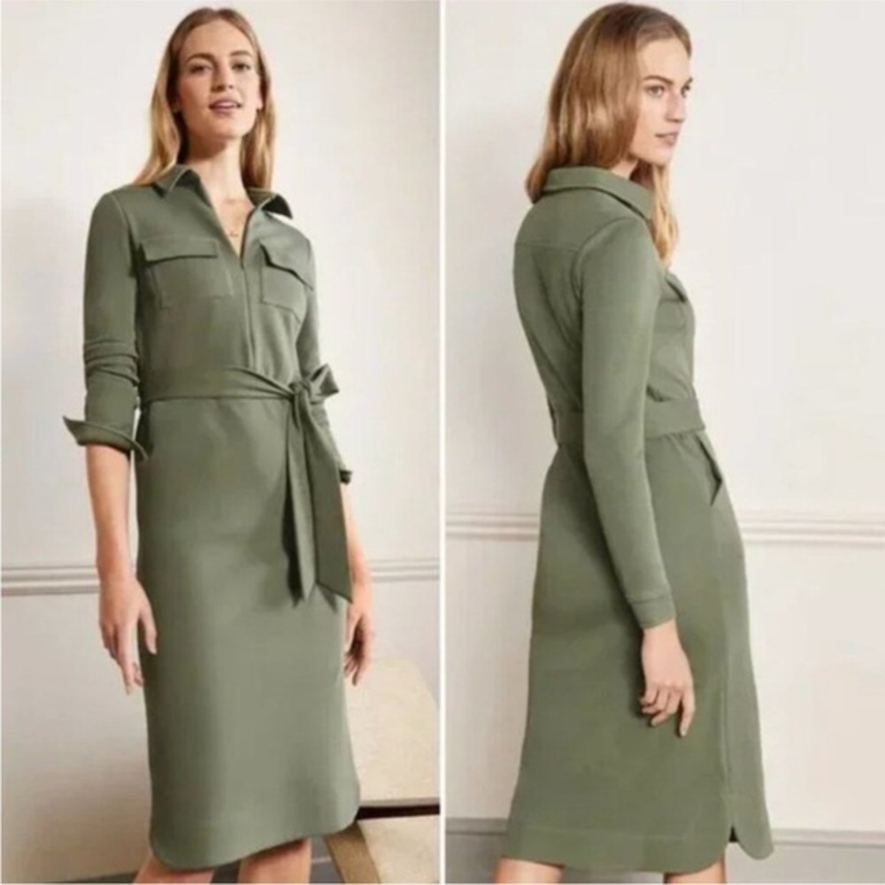 BODEN Ponte Midi Shirt Dress Alder Green Utility Belted US Size 10